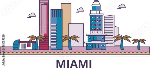 United States, Miami City tourism landmarks, vector city travel illustration