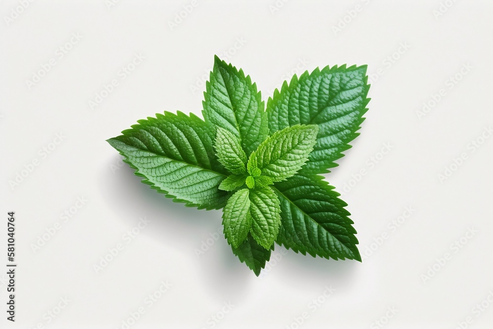 A Mockup of Flying Mint Leaves on White Background. Generative AI A Mockup of Flying Mint Leaves on White Background. Generative AI
