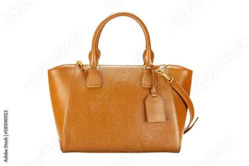 Leather bag isolated. Fashionable brown female elegant luxury women handbag isolated on a white background. Clipping path. Woman trendy accessories.