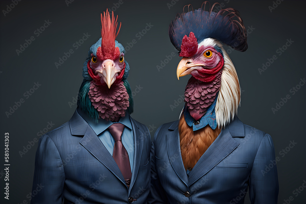 Rising to the Top: A Rooster Couple Reaching New Milestones, Creative stock image of animal couple in business suit. Generative AI
