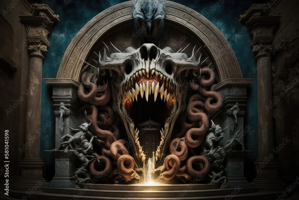 deadly gaping mouth to gate to hell in front of altar, created with