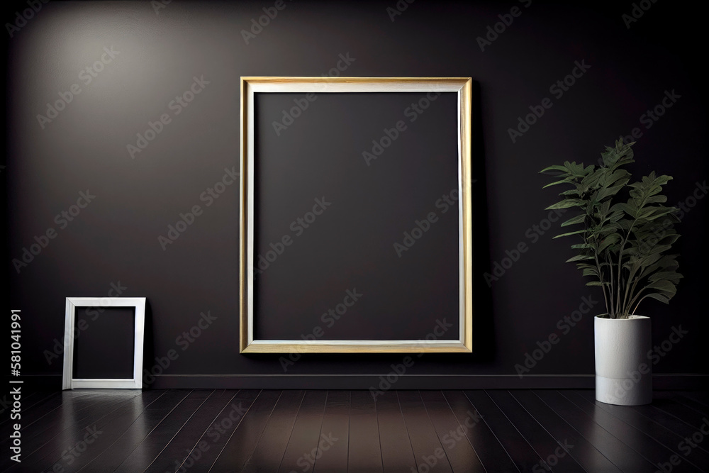 Empty mock up, big frame on the dark wall, in a clean and minimalist room. Mock up frame for display or montage of product or design. Illustration. Generative AI. Empty mock up, big frame on the dark wall, in a clean and minimalist room. Mock up frame for display or montage of product or design. Illustration. Generative AI.