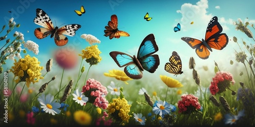 Green field with flying butterflies and flowers on a bright spring day. spring concept. Generative AI