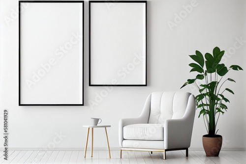 Two empty vertical frame mock-up in white livingroom  with a single upholstered armchair in a clean and minimalist style. White. Illustration. Generative AI