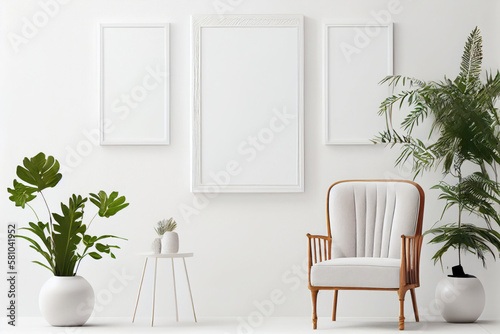 Three empty vertical frame mock-up in white livingroom  with a single upholstered armchair in a clean and minimalist style. White. Illustration. Generative AI