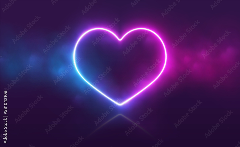 Neon heart with smoke, gradient led border, portal with haze clouds. 3D abstract retro tech background. Vector illustration.