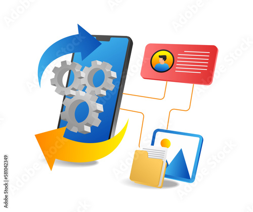 Smartphone application software update isometric flat 3d illustration concept