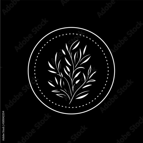 Olive branch boho logo white icon of hand drawn sketch dry branch leaves silhouette on black background, t-shirt print, nature label, tattoo template. Isolated vector illustration