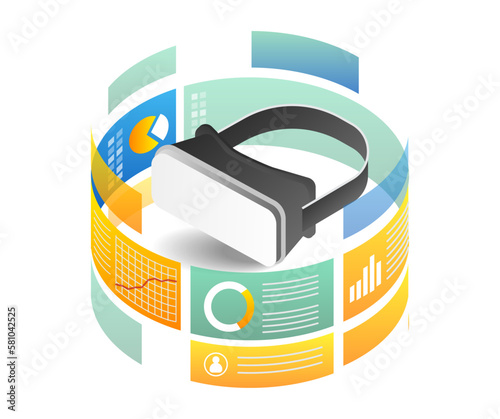 Isometric flat 3d illustration concept of vr glasses data analytics diagram