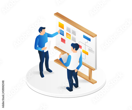 Isometric flat 3d illustration concept of two men putting together a scrumboard for a work plan