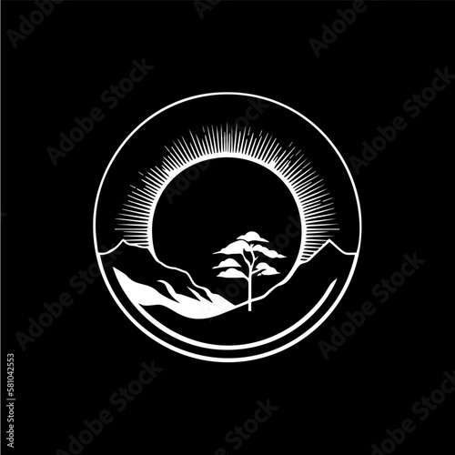 Minimalistic countryside round logo, prairie landscape silhouette white icon on black background, countryside monochrome logotype concept, scenery sketch, tattoo. Vector illustration