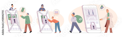 Hacker activity. Hacking computer. Phishing account, steal data, cyber attack. Stealing password. Cyber crime, theft personal information, cyber security spy access. Internet fraud scenes set metaphor