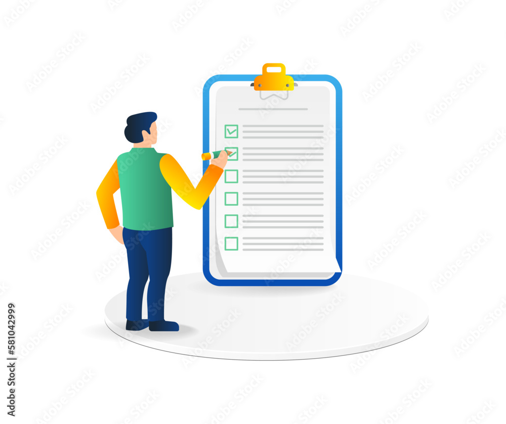Isometric flat 3d illustration concept of man giving check mark for business plan Isometric flat 3d illustration concept of man giving check mark for business plan