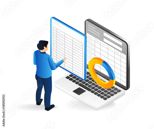 Isometric flat 3d illustration concept of man making table with xls
