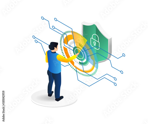 Isometric flat 3d illustration concept of man pushing a digital transformation security button