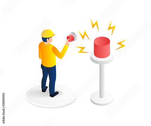 Isometric flat 3d illustration concept of pressing the alarm button for incident warning