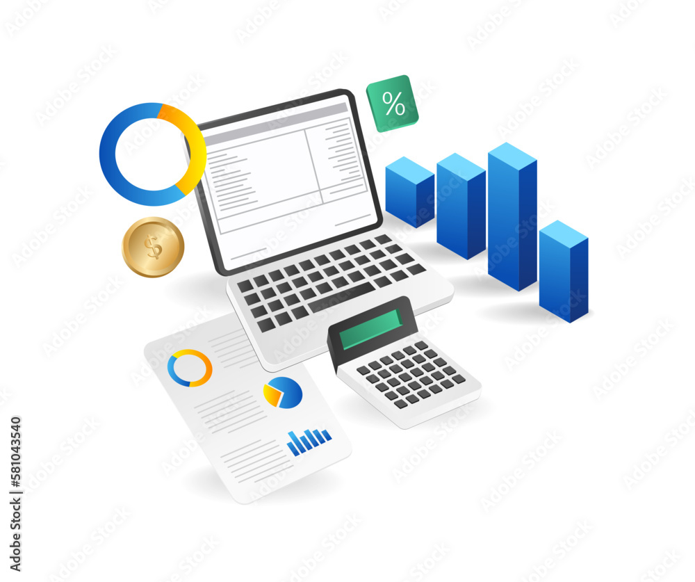 Isometric flat 3d illustration concept of computer calculating investment business income