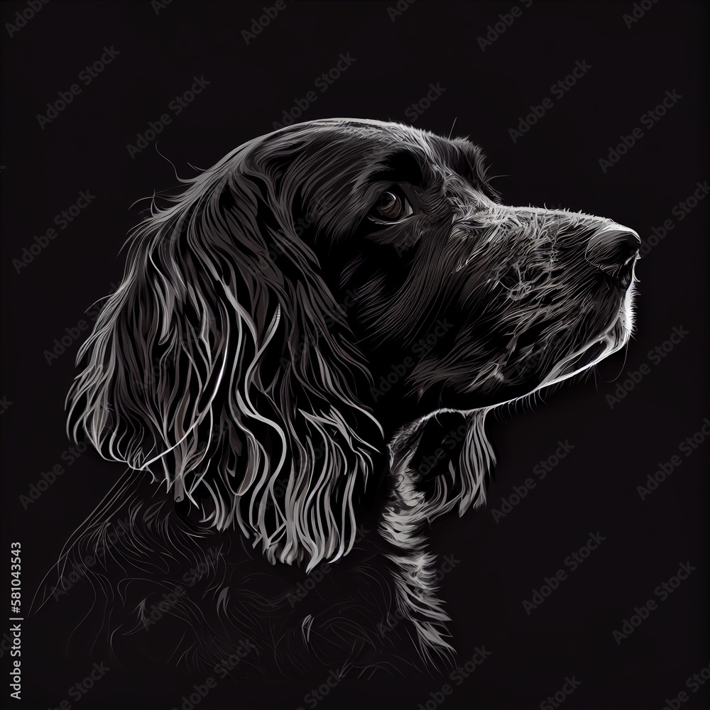 Spaniels Field Dog Breed Isolated on Black Background. Generative AI