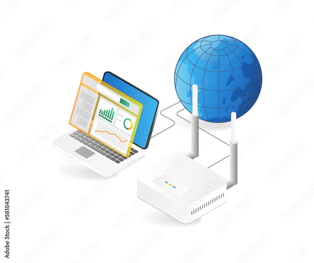 Isometric flat 3d illustration concept of internet wifi router analyzer