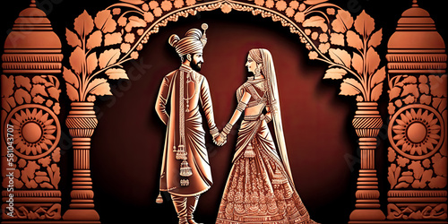 A romantic Indian wedding scene is depicted  with a newlywed couple embraced in a loving embrace surrounded by family and friends. - Generative AI.