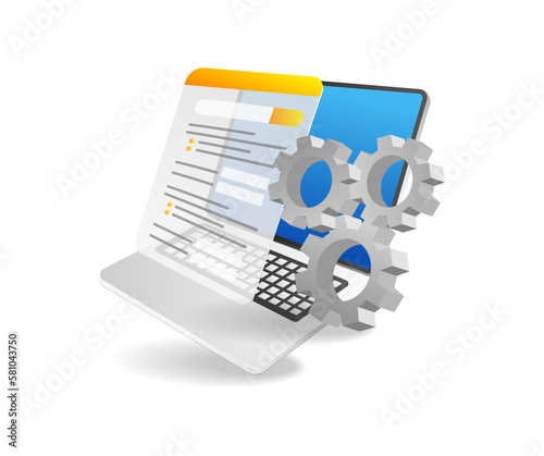 Isometric flat 3d illustration concept of gear filling registration data on computer