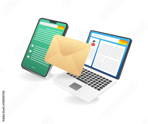 Isometric flat 3d illustration concept of emailing smartphone and computer