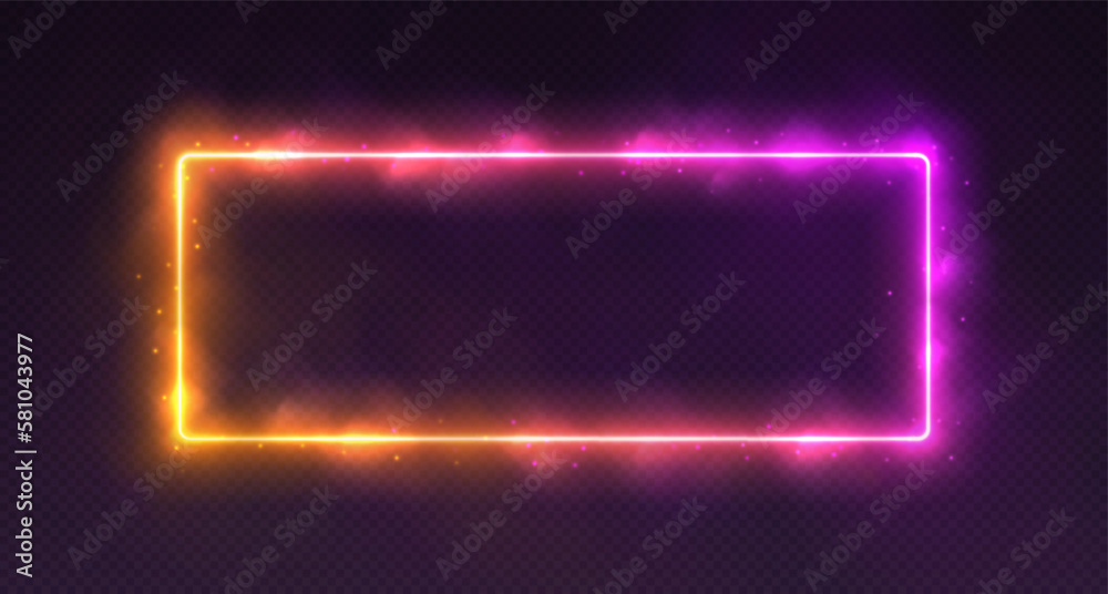 Neon rectangle with smoke and sparkles, gradient LED border with fog and glowing particles. Modern futuristic frame, cosmic banner with pink and yellow colors. Vector illustration.