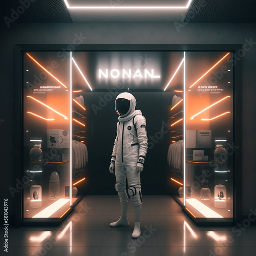 Fantastic shop from the future, the astronaut chooses a new suit, Generative AI