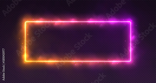 Neon rectangle with smoke and sparkles, gradient LED border with fog and glowing particles. Modern futuristic frame, cosmic banner with pink and yellow colors. Vector illustration.