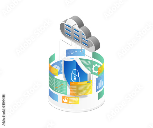 Isometric flat 3d illustration concept of analysis screen with cloud server security