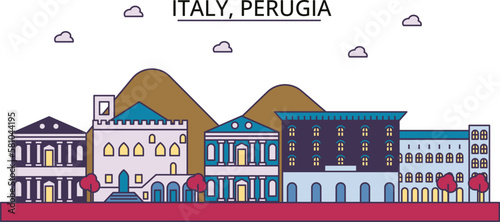 Italy, Perugia tourism landmarks, vector city travel illustration