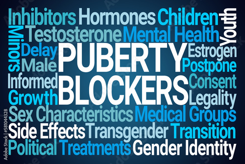 Puberty Blockers Word Cloud on Blue Background
