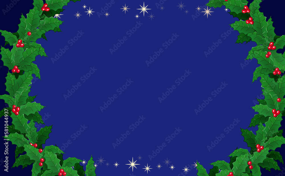 クリスマス☆イラスト素材 柊のリース・大とキラキラ星 紺背景 色違い・差分有