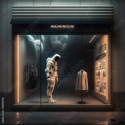 Fantastic shop from the future, the astronaut chooses a new suit, Generative AI