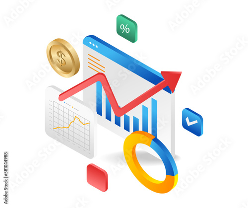 Flat 3d illustration concept isometric money investment business data analysis screen