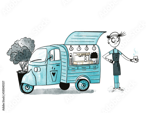 barista with mini mobile espresso bar