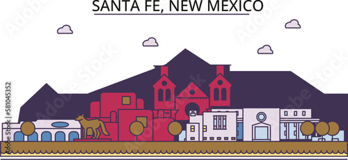 United States, Santa Fe tourism landmarks, vector city travel illustration