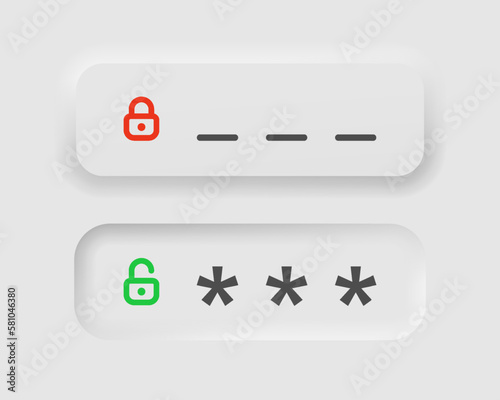 Password bar in neumorphism style. Icons for business, white UI, UX. Security symbol. Pin-code, access approved, locked, unlocked. Neumorphic style. Vector illustration.