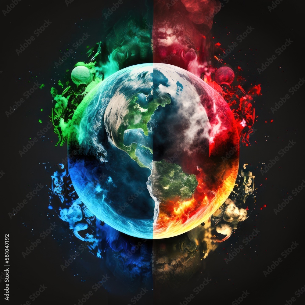 Earth suspended in deep space with the four elements air fire water ...