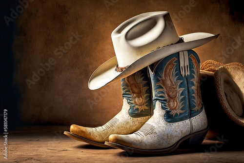 light cowboy boots with rodeo hat on ranch, created with generative ai photo