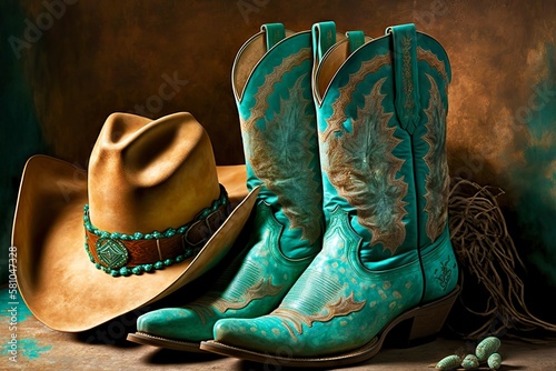 beaful turquoise cowboy boots with brown shank and hat, created with generative ai photo