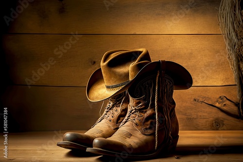 hat rests on pair of worn cowboy boots standing on floor, created with generative ai photo