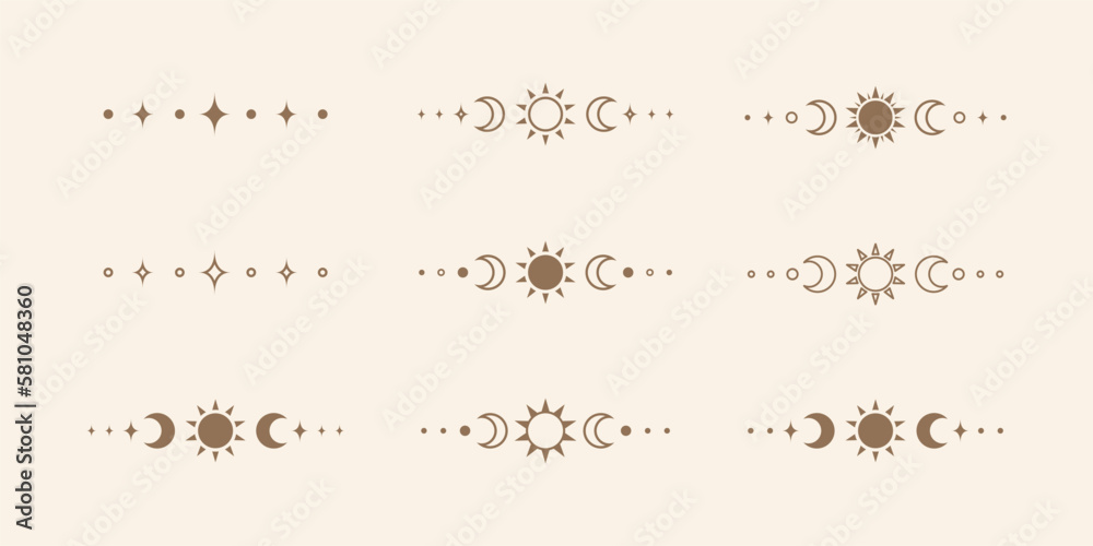 Celestial text divider with sun, stars, moon phases, crescents. Ornate boho mystic separator decorative element