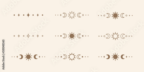 Celestial text divider with sun, stars, moon phases, crescents. Ornate boho mystic separator decorative element