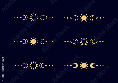Gold celestial text divider with sun, stars, moon phases, crescents. Ornate boho mystic separator decorative element