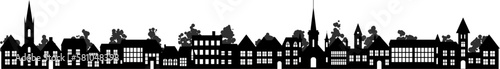 Old village rural stylized silhouette. Suburb with small house, church, tree and garden in residental district countryside neighborhood