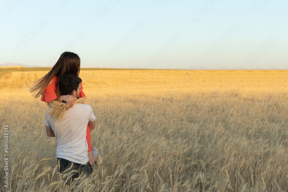 A young man picked up his woman in his arms and carries her on sunset in wheat field.
