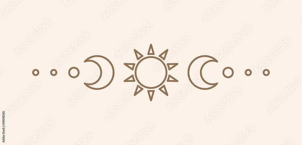 Celestial text divider with sun, stars, moon phases, crescents. Ornate