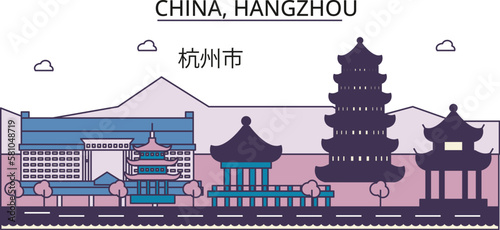 China, Hangzhou tourism landmarks, vector city travel illustration photo