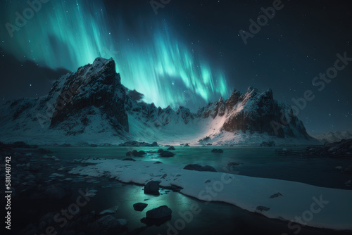 Northern lights near the lake in the snowy mountains. AI generative.